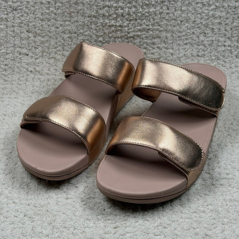 FitFlop Lulu Rose Gold Metallic Leather Adjustable Slide Sandals FV6-323 Size 9